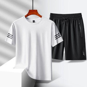 ชุดเสื้อยืดผ้าเนื้อบางผ้าไอซ์ซิลค์ระบายอากาศได้ดีแขนสั้นสำหรับใส่วิ่งออกกำลังกายฟิตเนสปรับแต่งโลโก้ได้สไตล์เท่ๆสำหรับฤดูร้อน - Product Image 1