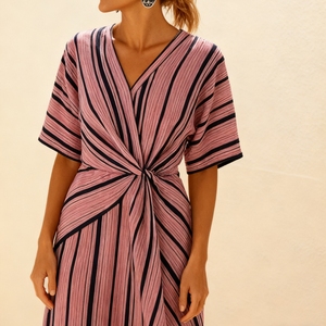 ชุดเดรสแฟชั่นคอวีแขนสั้นสีตัดกันแบบหลวมๆสำหรับผู้หญิง - Product Image 6