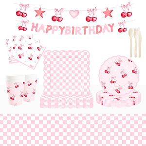 Juego de Platos de Papel para Fiesta de Cumpleaños Infantiles con Diseño Personalizado de Cerezas Rosas - Product Image 1