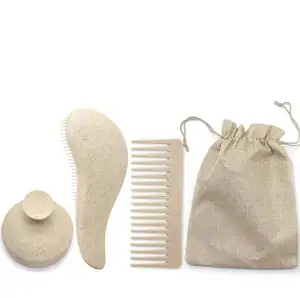 Custom Logo Curly Hair Detangler Hair Brush Wheat Straw Brush Scalp Massager Detangling Brush Set