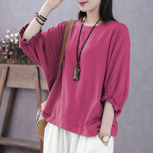 Plus Size Women's Summer Batwing Sleeve Tops O-Neck Three Quarter Sleeve Loose Fit Blouse For Curvy Women Blue White Red Green - Product Image 4