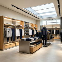 Présentoir mural en acier inoxydable brossé de luxe léger et bois, pour magasins de vêtements
