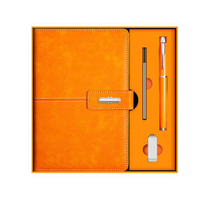 Vente en gros de carnet en cuir orange promotionnel pour cadeaux carnet de notes A5 personnalisable boîte-cadeau avec stylo et clé USB - Product Image 1