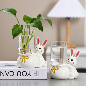 Vase hydroponique en céramique en forme de lapin, lot de deux, décoration de table pour le bureau, cadeau de Pâques, style moderne - Product Image 1
