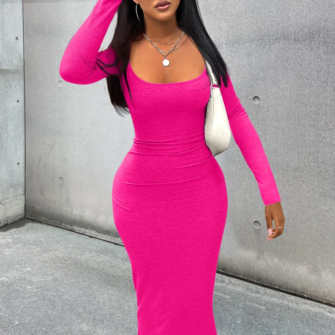 Women Long Dresses With Long Sleeve Ribbed Square Neck Dress Autumn Party Club Xs Maxi Bodycon Dress
