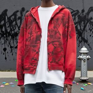 Fabricant de sweats à capuche rouges à fermeture éclair, impression graffiti personnalisée de haute qualité, sweat à capuche pour homme, vêtements de mode pour homme - Product Image 1