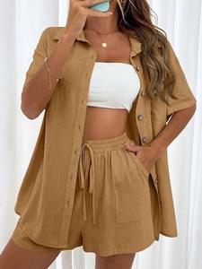 2025 <b>Women</b> 2 Pieces <b>Set</b> Elegant Summer Solid Color Casual Loose <b>Shorts</b> <b>And</b> <b>Shirt</b> <b>Set</b> - Product Image 3