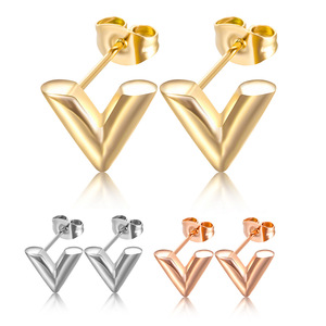 V Letter <b>Stud</b> <b>Earrings</b> 10MM Stainless Steel Gold Silver Rose Gold Fashion Simple Versatile <b>Earrings</b> For Women - Product Image 1