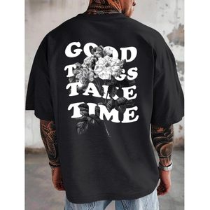 T-shirt unisexe noir en coton épais à col rond, coupe ample, imprimé double face motif floral <span class=keywords><strong>rose</strong></span> et texte graphique minimaliste, style streetwear - Product Image 3