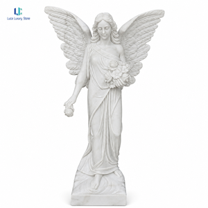 Estatua de Ángel de Mármol Blanco Puro <span class=keywords><strong>Luca</strong></span> |   Escultura Conmemorativa de Jardín con Ángel Alado Sosteniendo Flores, Decoración de Cementerio Pulida, Hecho a Medida - Product Image 1