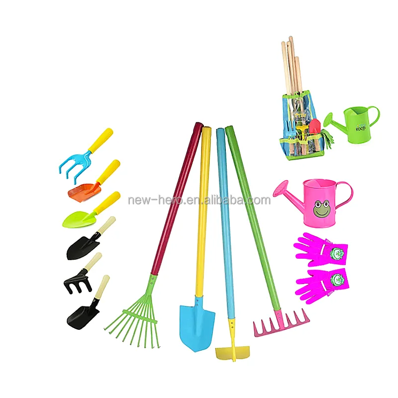 12 pcs Long Handle Children Gardening Tool Kit Child Metal Hoe Spade Water Sprayer Can Shovel Rake for Girl Kid Garden Tool Set
