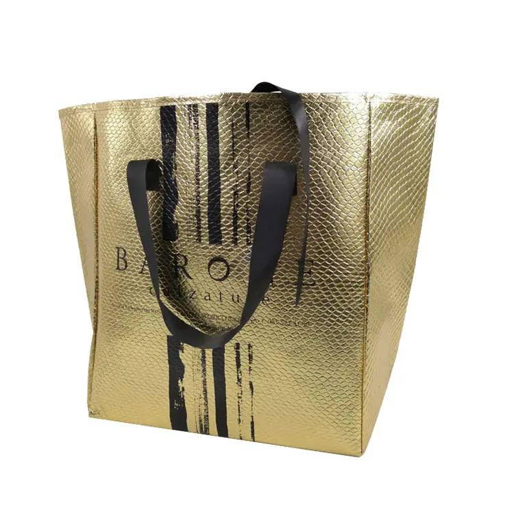 Eco customize logo croco non woven pattern metallic laminated gold gift bag with ribbon