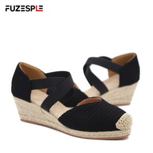 Sandales d'été en lin pour femmes, style pêcheur, avec talons compensés de 6 cm, bandes élastiques, <span class=keywords><strong>espadrilles</strong></span> en paille, sandales d'été pour femmes - Product Image 4