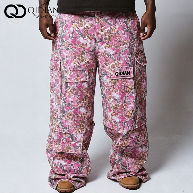 Manufacturer Custom Men Camo Cargo Pants Embroidery Logo Multi Pocket Baggy Wide Leg Streetwear Outdoor Vintage Trousers OEM