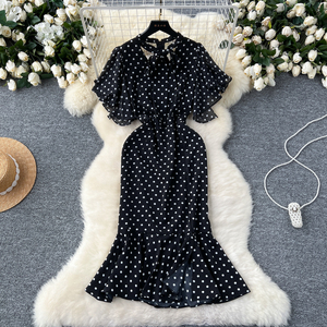 <span class=keywords><strong>Robe</strong></span> d'été sirène romaine pour femmes manches <span class=keywords><strong>évasée</strong></span>s Empire Polka Dot Hollow Out Lace Dress Black - Product Image 1