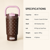Mug de voyage isotherme 480 ml en acier inoxydable 316 avec revêtement céramique, poignée en U, couvercle à double paille anti-fuite