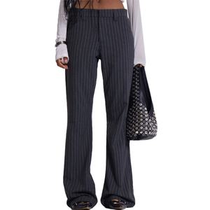 Pantalones de traje de mujer de moda al por mayor, de tiro bajo, holgados, estilo relajado, gris con rayas finas, corte bootcut apilado - Product Image 2