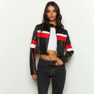 Herbst New Fashion Streetwear PU Leder Motorrad Color Blocking Patchwork Langarm Crop Bomber Jacke Frauen - Product Image 1