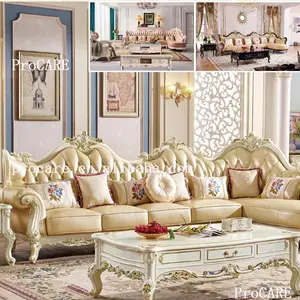 ProCARE luxury classic antique European style living room furniture L shape solid wood leather corner sofa set