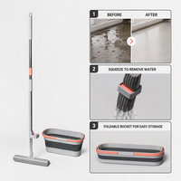 Serpillère pliable et essoreuse mains libres avec seau pliable à soufflet, éponge côtelée super absorbante et manche télescopique pour la maison