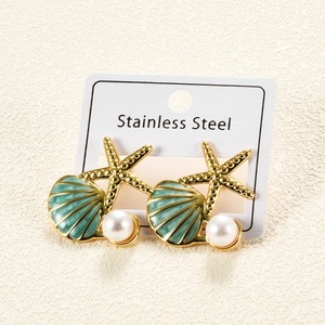 1 paire de boucles d'oreilles en acier inoxydable en forme d'étoile de mer et de coquillage, tendance, colorées, style océan, pour l'été et la plage, pour femmes et filles - Product Image 3