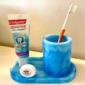 Acrylic resin handmade toothbrush holder with marble texture bathroom use set soap dish lotion bottle with aqua swirl pattern