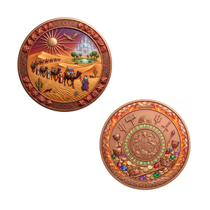 Medallón circular de cobre 999 de 1oz, de doble cara, coloreado, con diseño de oasis de caravana de camellos del desierto y borde floral intrincado - Product Image 1