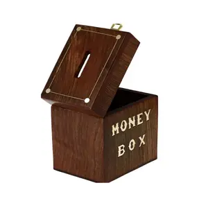 Wooden Piggy Bank Money Box Handmade with Lid and Brass Inlay Wooden Money box for kids