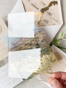 Suite d'illustrations personnalisées pour lieu de réception, invitations de mariage en acrylique de luxe avec dorure à chaud et impression aquarelle, avec enveloppe - Product Image 2