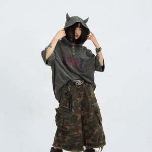 Sudadera con Capucha Corta de Verano para Mujer, 100% Algodón, Estilo Vintage, Lavado Y2K, Estampado Digital, Orejas de Cuerno - Product Image 3