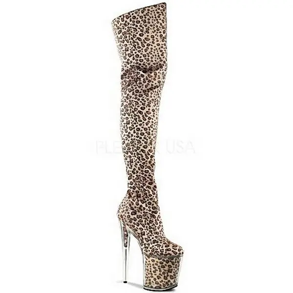 Super high heels fein ferse wasserdicht tabelle sexy nachtclub leopard print 20cm hass sky high knie stiefel stahl rohr tanz schuhe