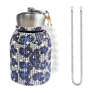 Copa de vientre aislada de acero inoxidable DD2739 con cadena de perlas ostentosa para regalo de mujer botella de agua con purpurina de diamantes de imitación