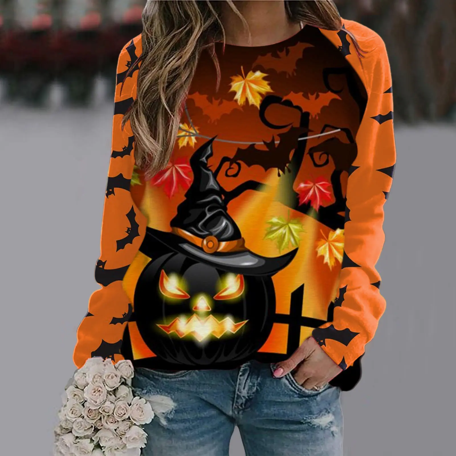 Mulheres Moda Halloween Manga Longa Camisola Camisola Menina Harajuku Vintage Vestuário 3d Abóbora Bonito Gato Impresso Tops Femininos