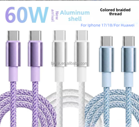 Kabel Data Pengisian Cepat Tipe-C Ganda 60W Warna Biru Muda, Anyaman Nilon/Braided, untuk iPhone/Ponsel BJC