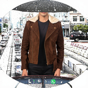 <b>Men's</b> Brown <b>Suede</b> Motorcycle <b>Jacket</b> With Faux Fur Lining Zipper Closure Windproof Winter Outerwear - Product Image 3
