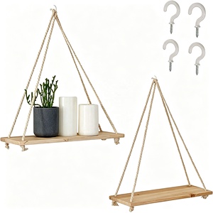 Estantes de Pared Rústicos Boho de Madera y Cuerda de Yute de un Solo Nivel, Multifuncionales, con Herrajes Incluidos, para Plantas, Dormitorio, Baño, Cocina, Decoración del Hogar - Product Image 2