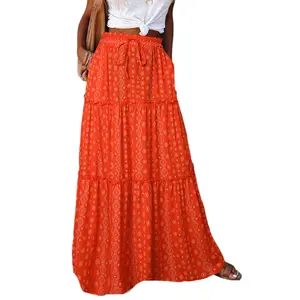 Women Boho Skirt Casual High Waist Tiered Paisley Print Long Maxi Dress With Pockets