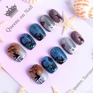 Uñas postizas de lujo acrílicas con estrellas y pedrería, negras, cortas, estilo ataúd, cobertura completa, hechas a mano, precio de fábrica al por mayor. - Product Image 2