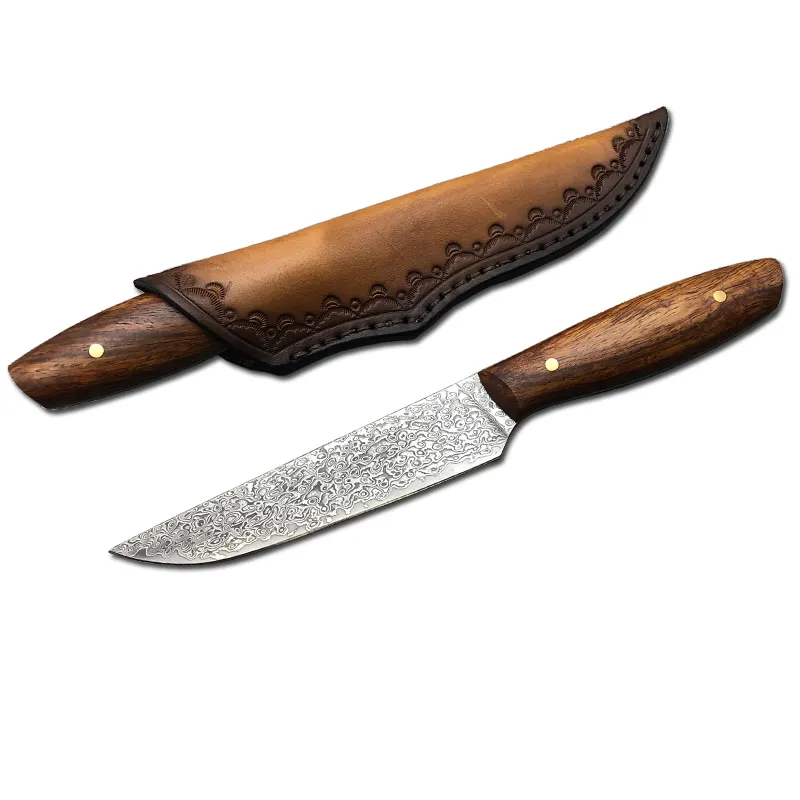 Damascus steel Universal Portable knife With Leather Sheath Outdoor picnic Barbecue meat cutting Fruit Camping Hunting knives
