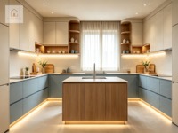 Gabinetes de Cocina Personalizados de Lujo XINGRUO, Ecológicos, en Azul Sereno, Estilo Minimalista, Roble Natural, Diseño Japandi a Medida