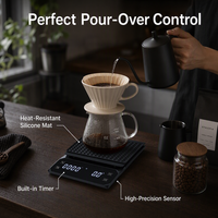 Báscula Digital de Café de Alta Precisión con Temporizador, 3 kg/0,1 g, Báscula Electrónica para Café con Tapete de Silicona Resistente al Calor y Pantalla LED