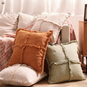 Housse <span class=keywords><strong>de</strong></span> coussin carrée <span class=keywords><strong>en</strong></span> <span class=keywords><strong>lin</strong></span> à bords frangés, idéale pour canapé, lit et décoration <span class=keywords><strong>de</strong></span> salon - Product Image 1