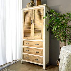 Country Style Farmhouse Shutter Door Design <b>Rustic</b> Dining Room Kitchen Solid Wood <b>Cabinet</b> with 3 Drawers - Product Image 2