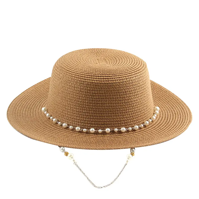 Sombrero de playa Panamá de verano para mujer, sombrero de paja Fedora para el sol con cadena de perlas