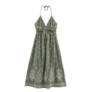 Hoa thêu màu xanh lá cây màu trở lại Hollow ra thời trang giản dị <span class=keywords><strong>Midi</strong></span> dây ăn mặc cho phụ nữ - Product Image 2