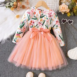 3 Farben New Girls 'Frühling und Herbst Langarm Blumen druck Tüll Rock Kleid Mädchen Freizeit kleider für täglich