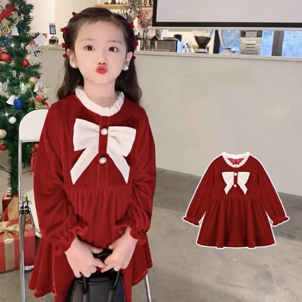 Feiming-ropa de primavera y otoño para niños pequeños, vestido de terciopelo rojo de manga larga con pajarita blanca