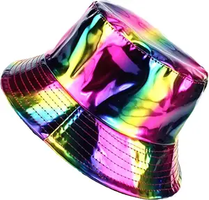 水桶帽帆布绳全息闪亮人造毛皮印花节日太阳彩虹派对帽