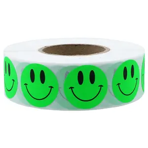 Hybsk-pegatinas de cara sonriente verdes fluorescentes, pegatinas de cara feliz, etiquetas adhesivas, 1 pulgada, Total de 1.000 por rollo