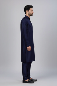 Kurta droit en soie dupion bleu marine uni avec churidar, tenue ethnique élégante pour les occasions festives et traditionnelles - Product Image 6